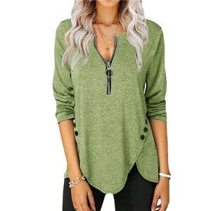 Women's Casual Long Sleeve Tunic Shirt Round Neck with Button Side Blouse